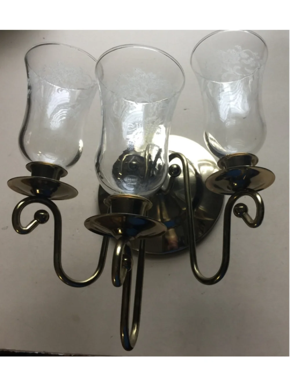 Vtg Pair Brass plate Wall Sconce Candle Holders W/Etched Glass Globes